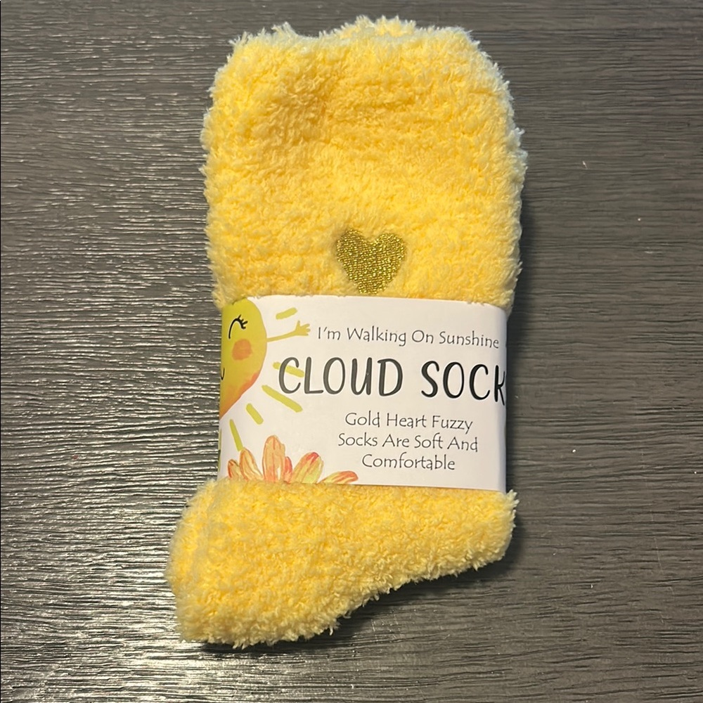 Yellow Fuzzy Cloud Socks with Gold Heart